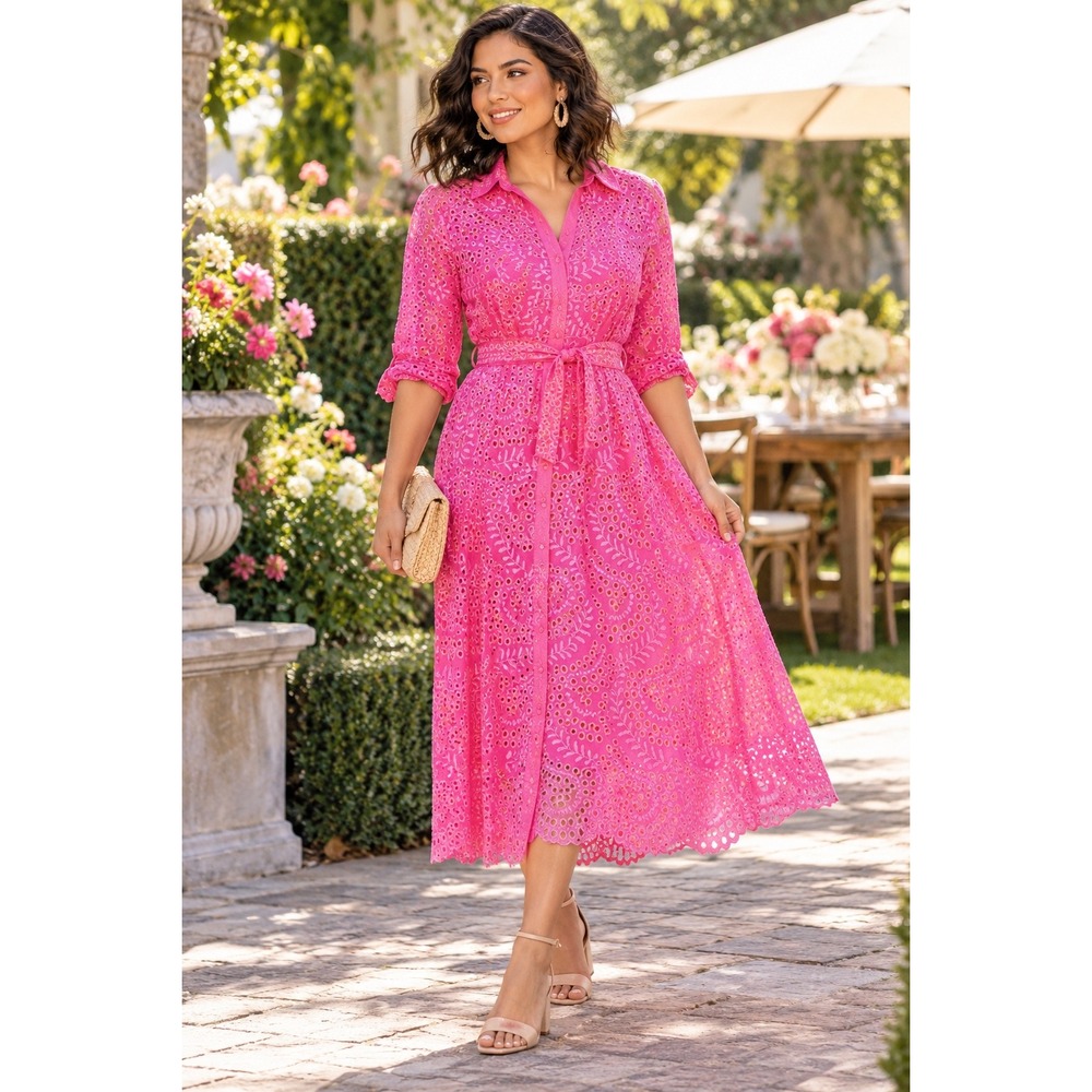 Lilly Pulitzer Womans Amrita Eyelet Midi Dress Pink Isle Swirly Fern Scalloped